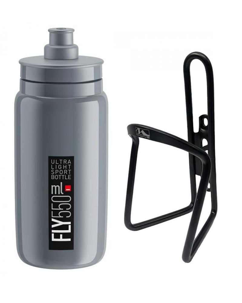 Elite Trinkflasche grau schwarz plus M-Wave Flaschenhalter schwarz