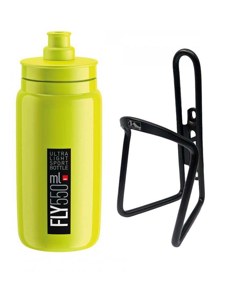 Elite Trinkflasche gelb fluo + M-Wave Flaschenhalter schwarz